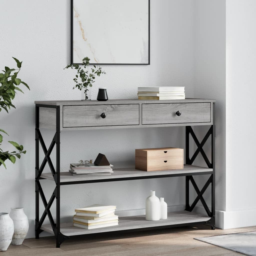 SXZenSpace Console Table Grey Sonoma 100x28x75 cm, Engineered Wood & Steel Frame, Slim Hallway with Storage, Adjustable Feet