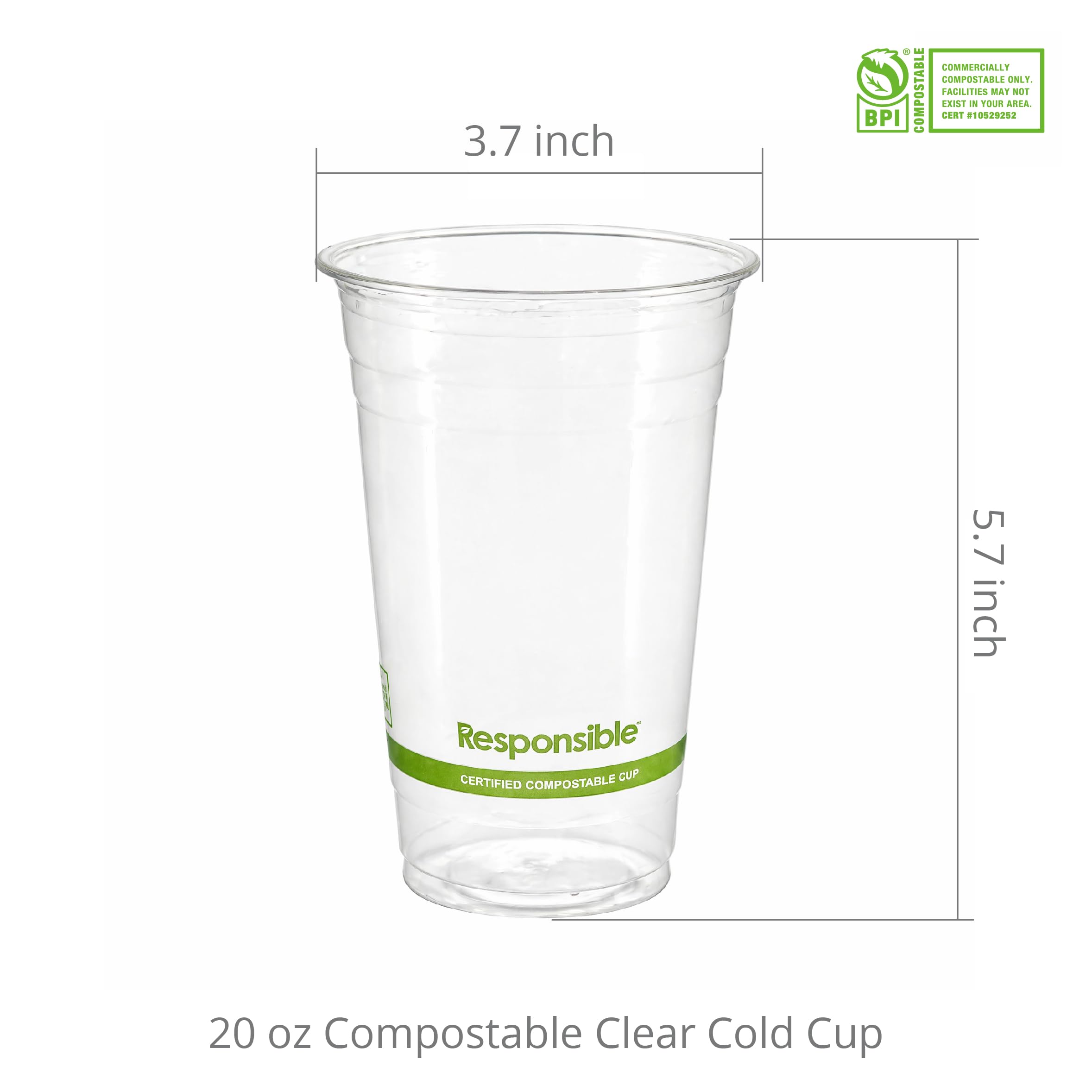 Responsible Products Taza fría transparente 100% compostable de 20 onzas, taza biodegradable extra fuerte, hecha de materiales vegetales naturales (1000 tazas)