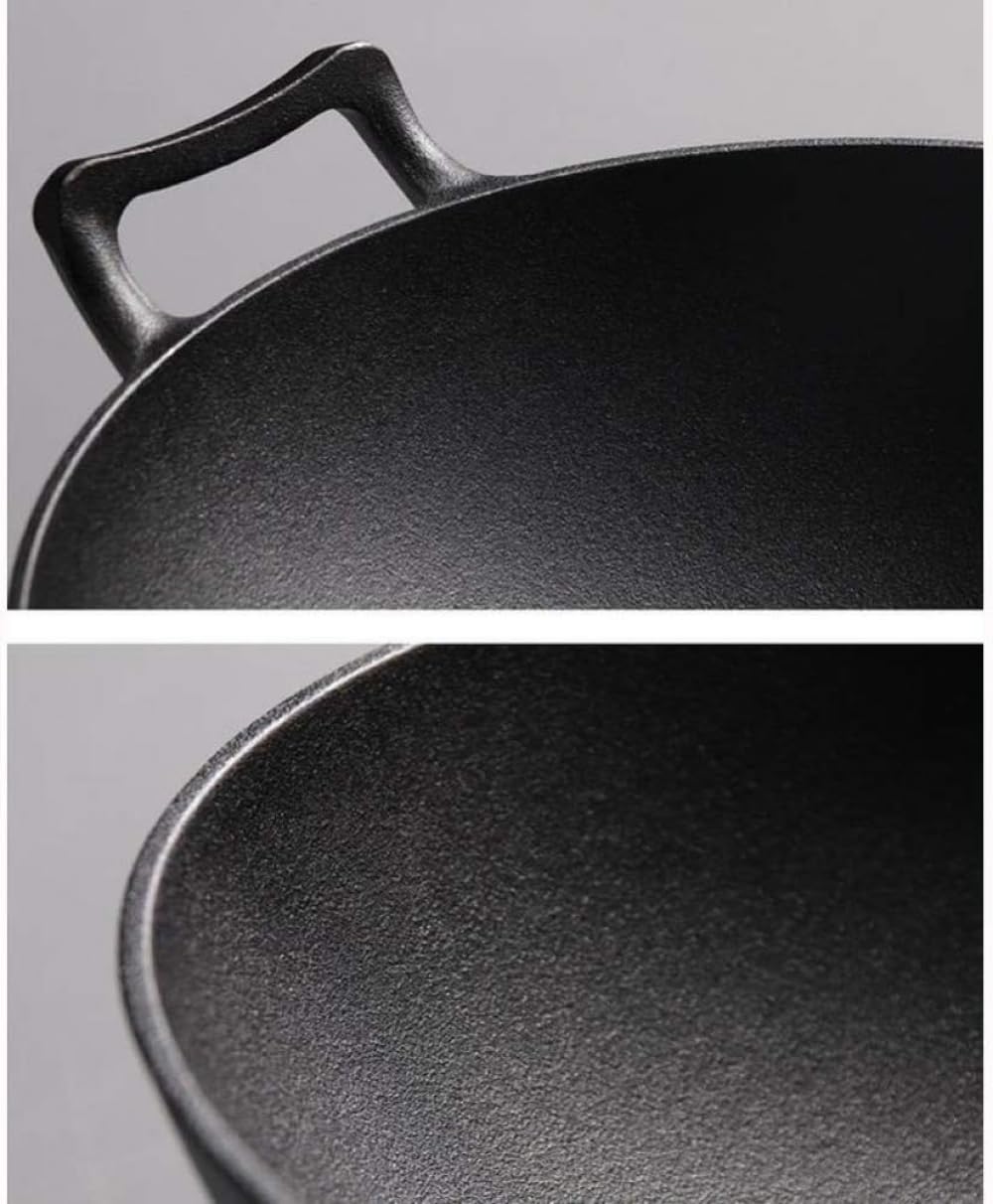 Wok mit rundem Boden, Doppelohr-Wok, Gusseisen, unbeschichtet, Vintage-Stil, verdickter Gusseisentopf, Infinity-Wok, 36 cm