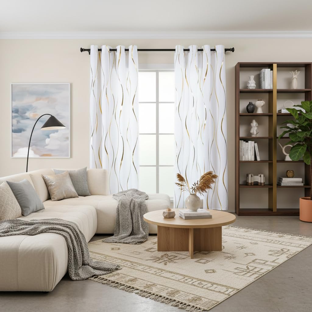 L.Z.E Vorhang Sichtschutz Gold Weiss, Gardinen Gold Weiß für Wohnzimmer Schlafzimmer, Ösen Vorhänge mit Wellenmuster, 2er Set Lichtdurchlässig Fenster Gardine (LZE2251E-WG225)