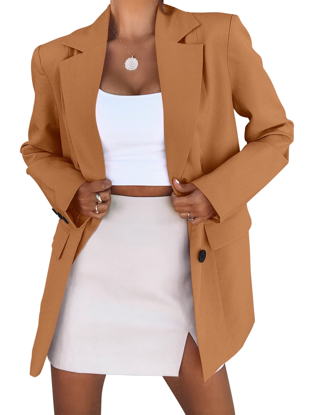 ANRABESSWomen's Casual Button Long Sleeve Lapel Open Front Pad Shoulder Office Blazer Jacket Work Suit
