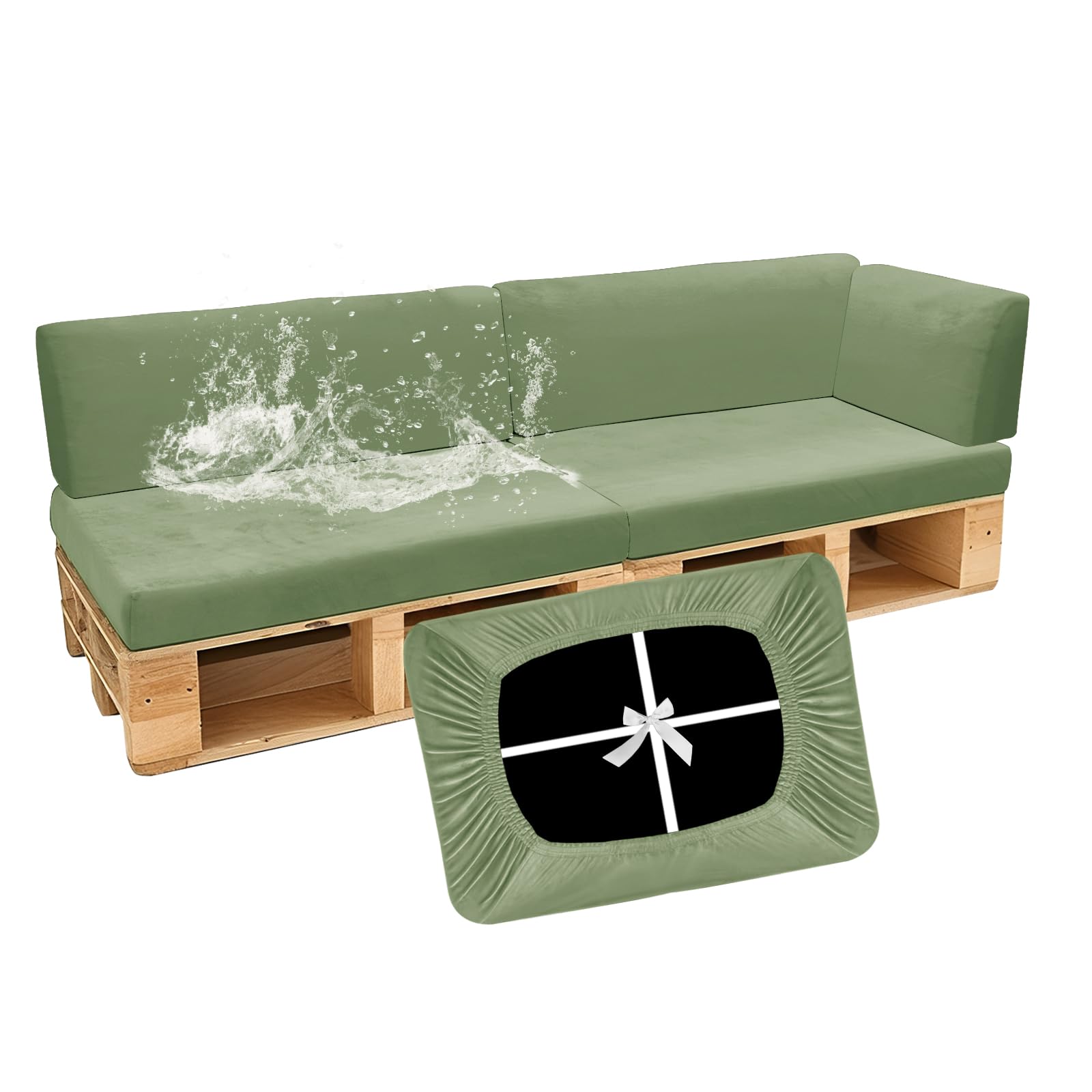 SYLC Waterproof Pallet Cushions Covers, Stretch Velvet Cover for Pallet Furniture Cushions, Outdoor Corner Sofa Covers for Rattan Wooden Patio Garden (Avocado,5 PCS(2 Seats+3 Backs))