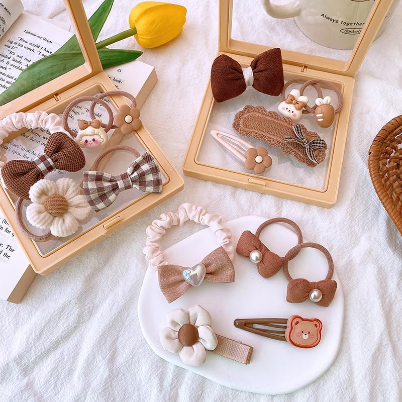 Miniatura 2 de Juego de 5 pinzas para el cabello para niñas, otoño e invierno, con flores de felpa, lindas pinzas para el cabello, color café, horquillas y lazos