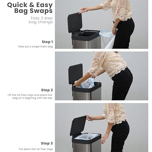 Miniatura 3 de Home Zone Living Basurero de cocina de gran capacidad de 18.5 galones, cuerpo alto sin forro, capacidad de 70 litros, negro mate, serie Virtuoso