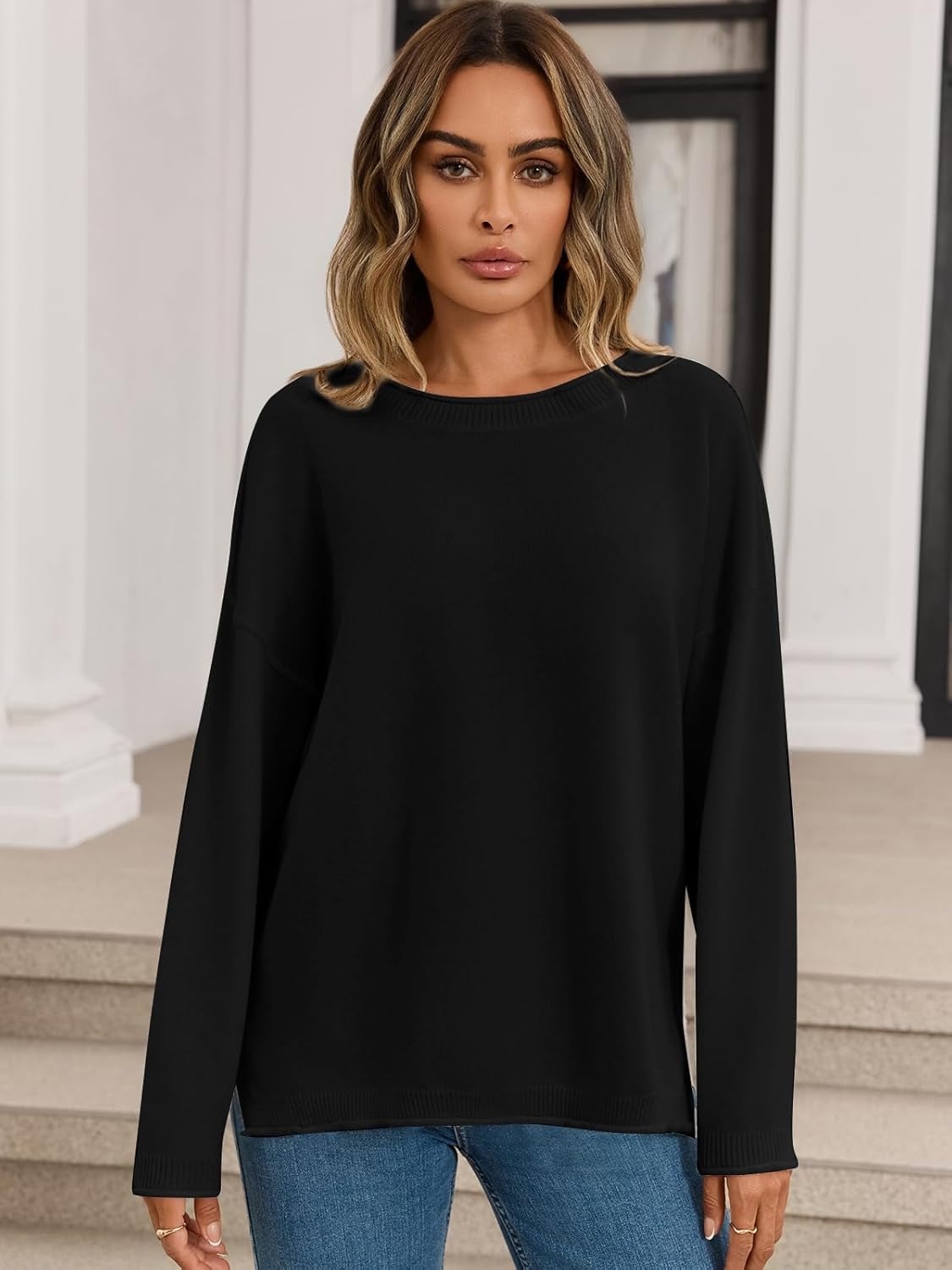 Women's Pullover Fall Winter Sweaters 2025 Long Sleeve Roll Crewneck Side Slit Oversized Knit Tunic Sweater Tops Black X-Large - Image 5