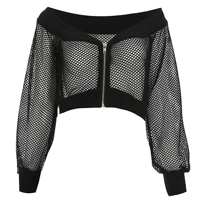 Long Sleeve Zip up Fishnet Mesh Bomber Jacket for women