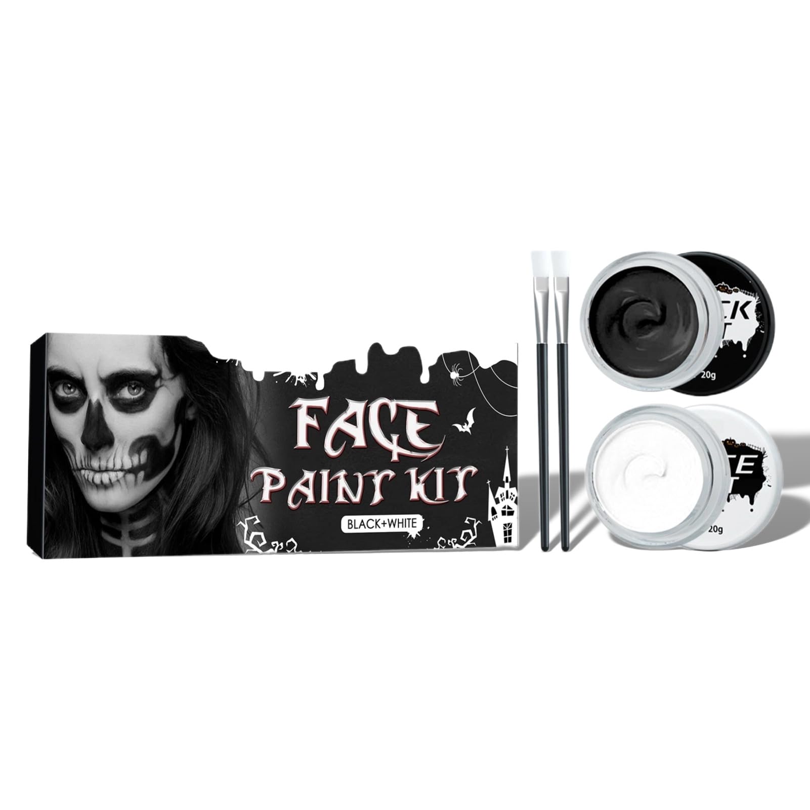 FILFEEL Halloween Face Painting Kit with 2pcs Brushes, Halloween Makeup Body Paint Cosplay Face Body Paint, Black and White Highly Pigmented Face Body Paint for DIY Cosplay Theme Parties