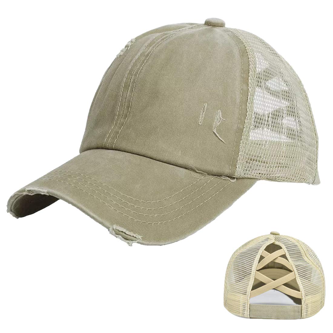 Simoda Women's Khaki Criss Cross Baseball Cap Washed Distressed Cotton Denim Ponytail Messy Bun Trucker Caps (Khaki)