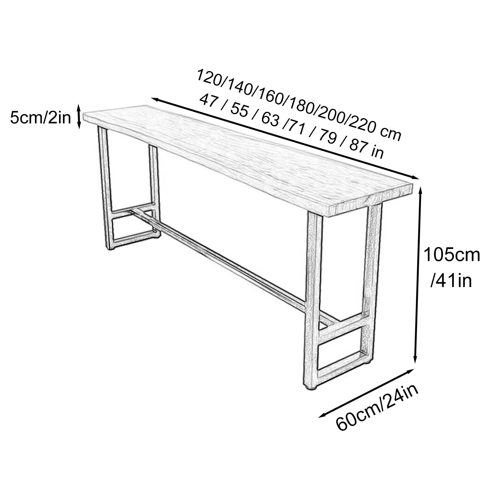 Table de bistrot en bois massif avec pieds en fer robustes - Hauteur de comptoir épaisse - Pour salle à manger et salon - Style carré moderne - 221 x 61 cm