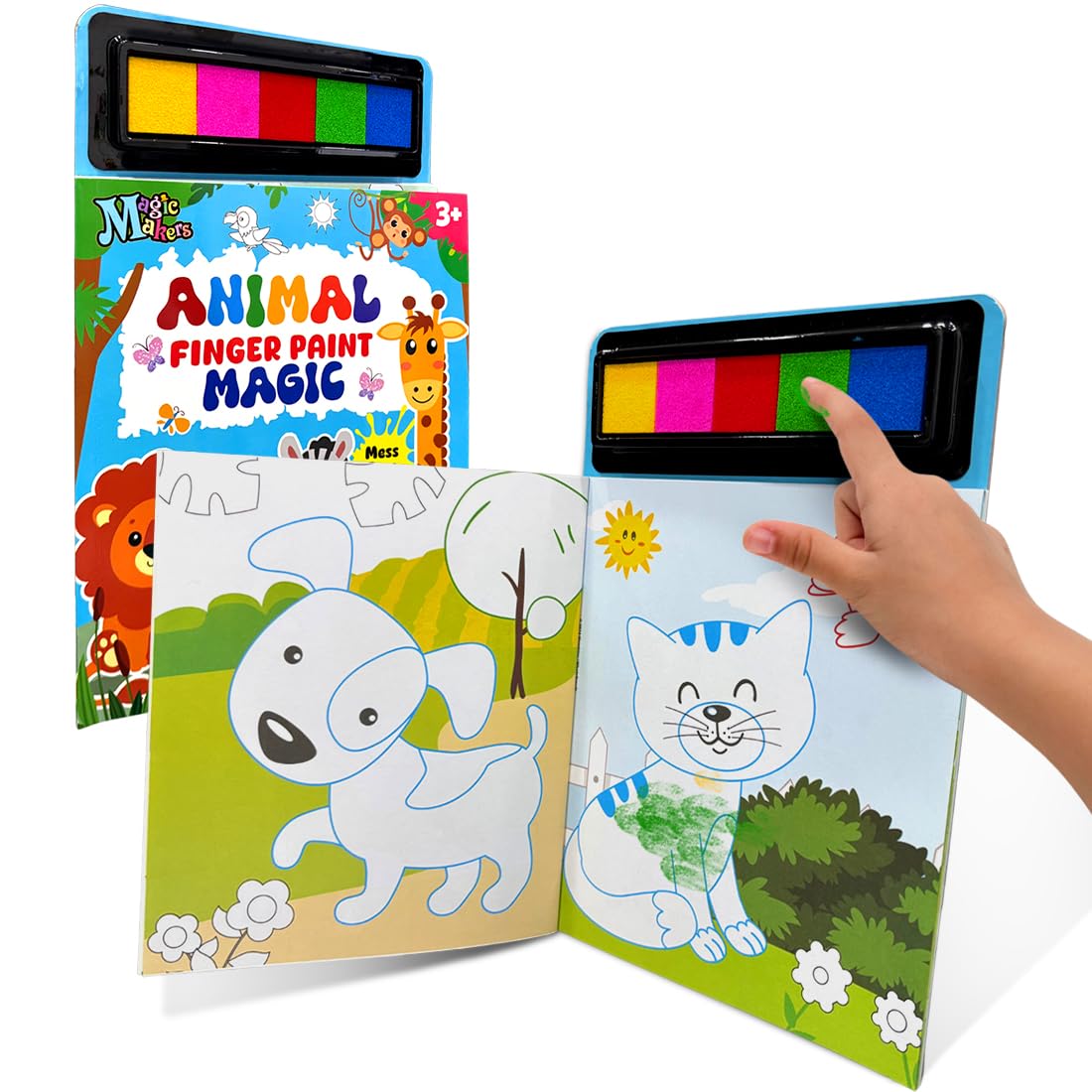 Wembley Animal Finger Painting & Coloring Art Book with 5 Finger Paint Ink Thumbprint Art & Craft for Boys & Girls Age 3 4 5 6 + Years Non-Toxic Mess-Free Washable Colors Ideal for Birthday Gift