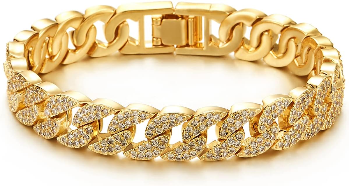 COOLSTEELANDBEYOND Stylish, Mens Womens, Curb Chain Bracelet, 18K Gold-Plated Color, with Cubic Zirconia