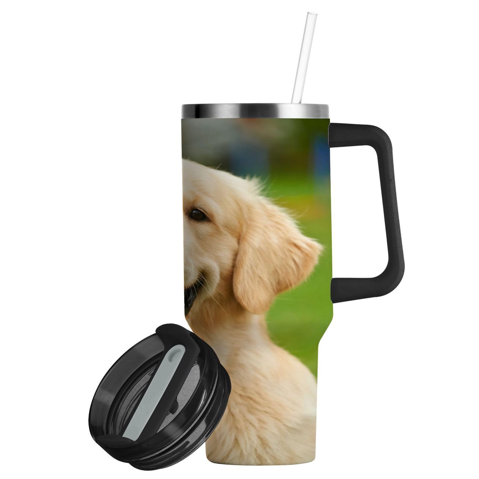 Isolierter Trinkbecher, niedlicher Golden Retriever-Hund, doppelwandig, Edelstahl, Wasserflasche, Kaffeetasse, Reisebecher mit Griff, Strohhalm-Deckel