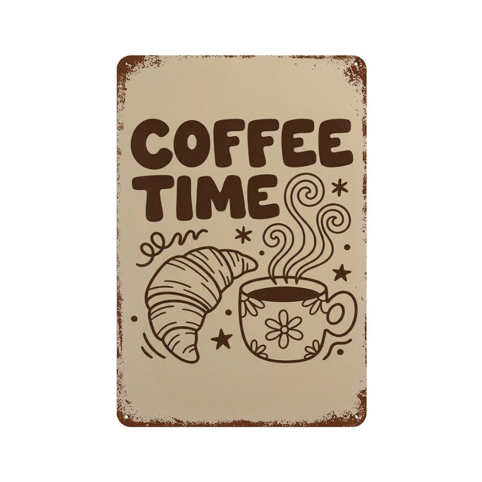 xiaoxiaoshen Coffee Time Retro Kitchen With Cup And Croissant Brown Cafe Linocut Style Wall Decor Art Metal Tin Poster Modern Home Decor Art Home Bar Shop Decorations Vintage Sign 30x20cm