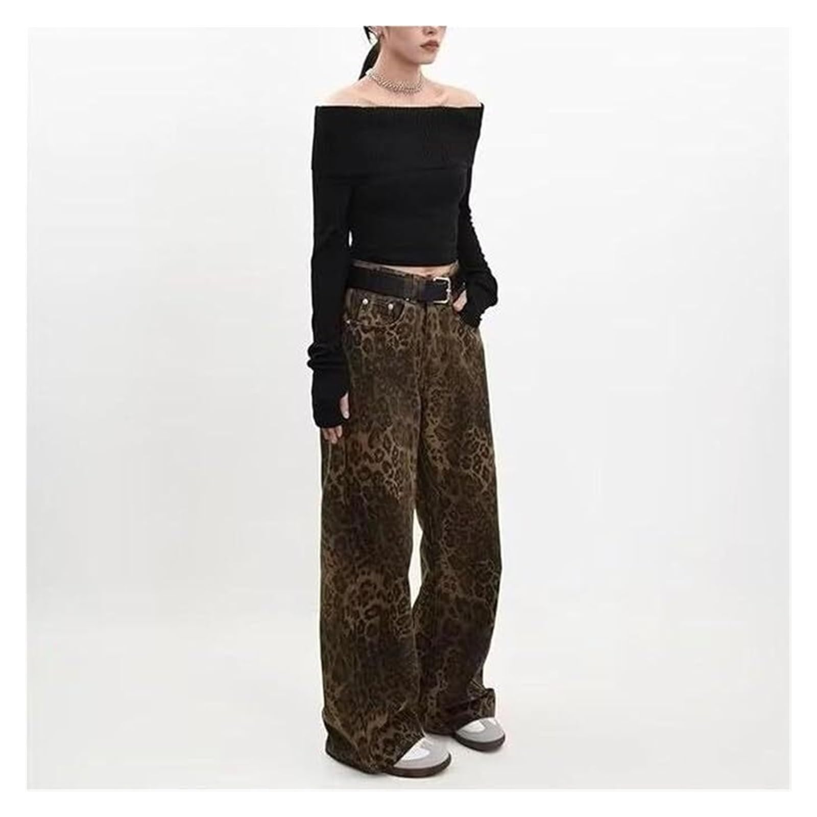 Dżinsy Y2k Leopard Print Jeans Proste Spodnie Z Szerokimi Nogami Z Kieszeniami, Vintage Loose Cargo Jeans Z Wysokim Stanem Dla Kobiet