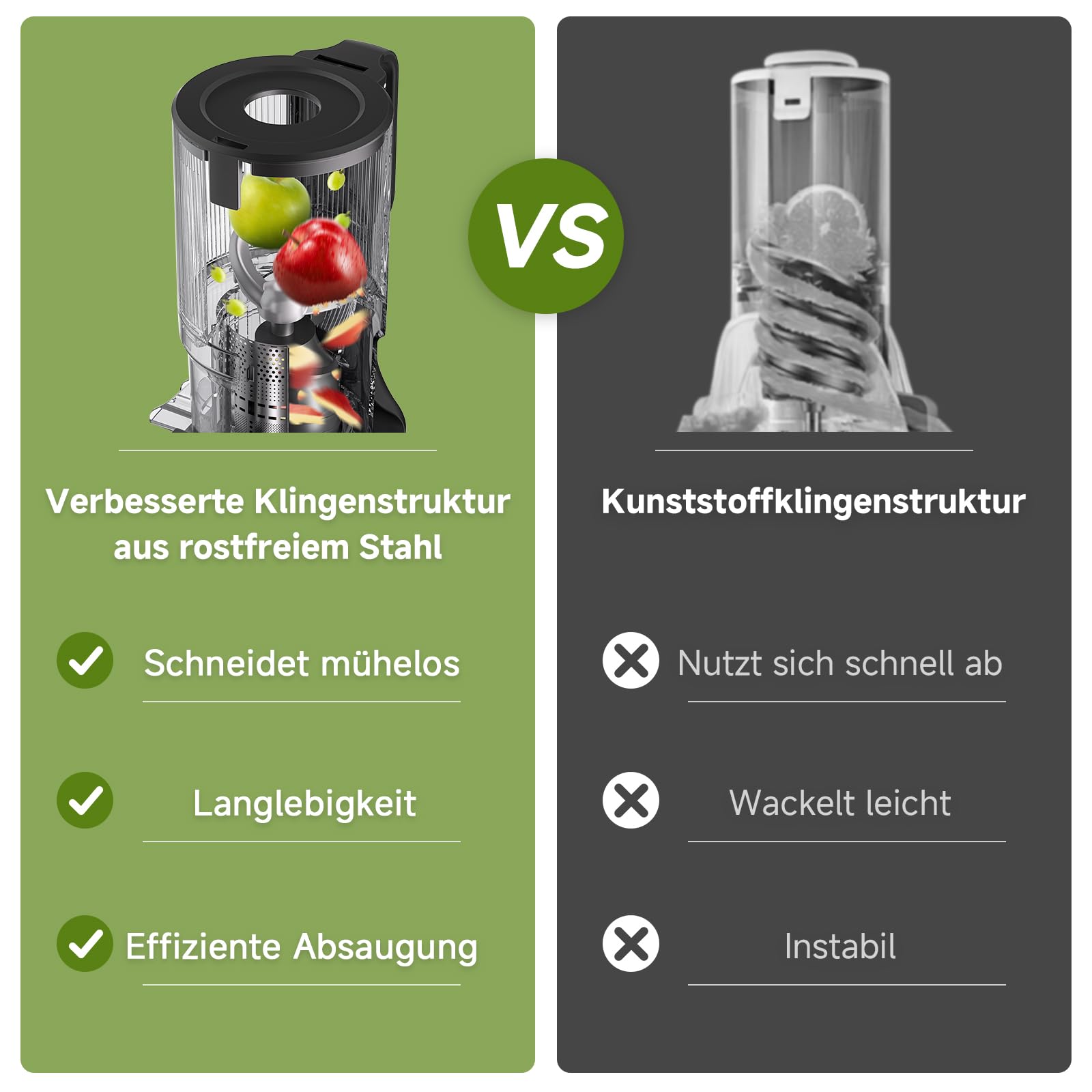 AMZCHEF Entsafter - Slow Juicer mit 135MM Breite und Größere Fütterungsröhre für Ganze Gemüse und Obst - Leicht zu Reinigender Entsafter mit 2 Gläsern - Silber