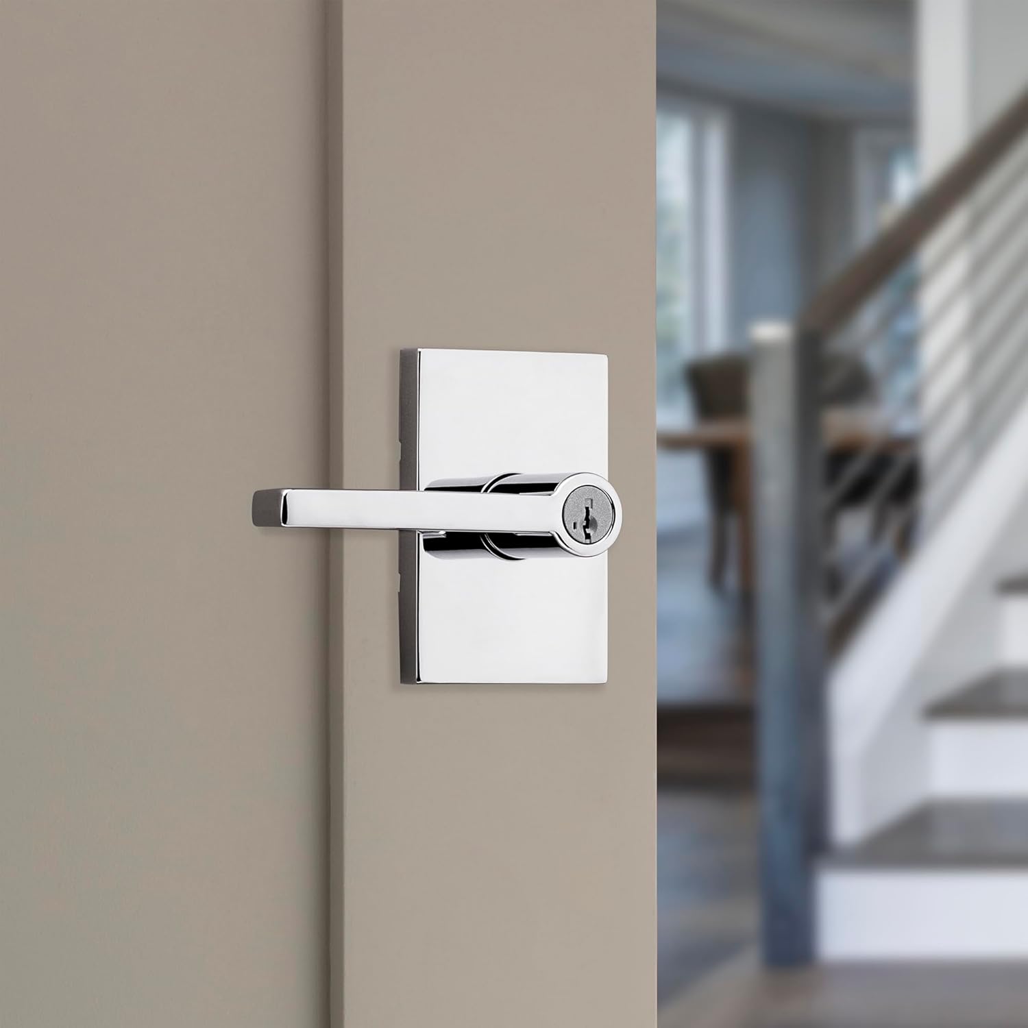 Kwikset Halifax Entry Door Handle with Lock and Key, Secure Keyed Reversible Lever Exterior, for Front Entrance and Bedrooms, Polished Chrome, Pick Resistant Smartkey Rekey Security