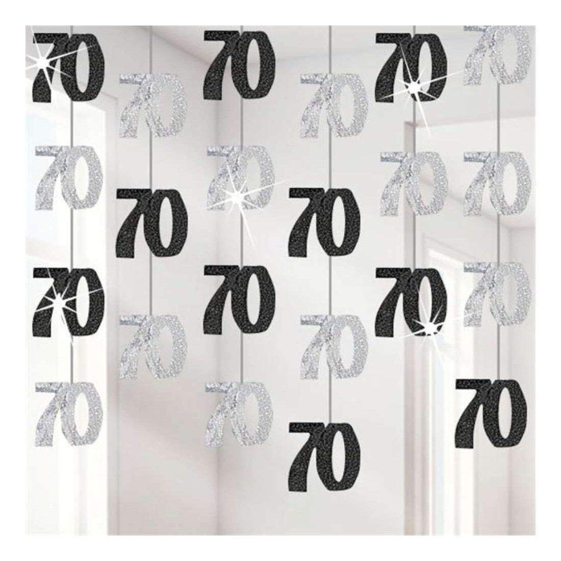 70th Glitz Black and Silver Anniversary Birthday Metallic Hanging String Shiny Foil Banner Party Door Wall Decorations Pack of 6