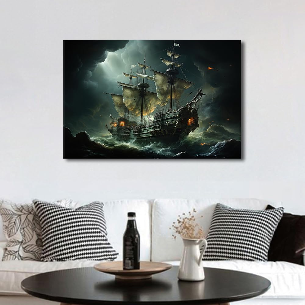 Canvas Wall Art for Bedroom Pirate Ship in the Sea on a Full Moon Background Wall Art for Living Room Pirate Ship Wall Art Decor Modern Artwork for Home Walls Giclee Framed Ready to Hang 24x16 in - Image 4