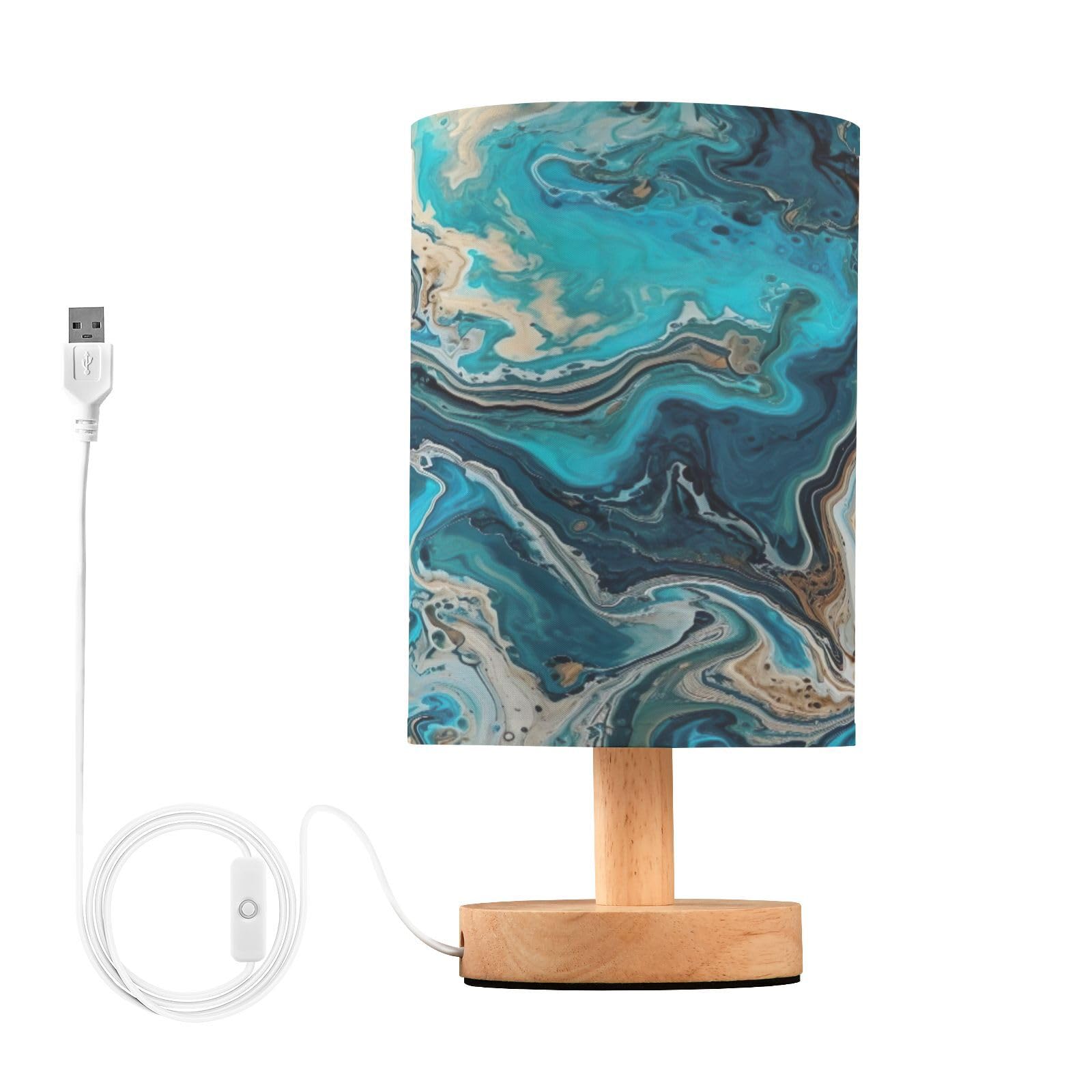 SDMKA Abstract Marble Texture Bedside Table Lamp for Bedroom, Minimalist Nightstand Lamp with Round Fabric Shade for Living Room, Office, No Bulb Required