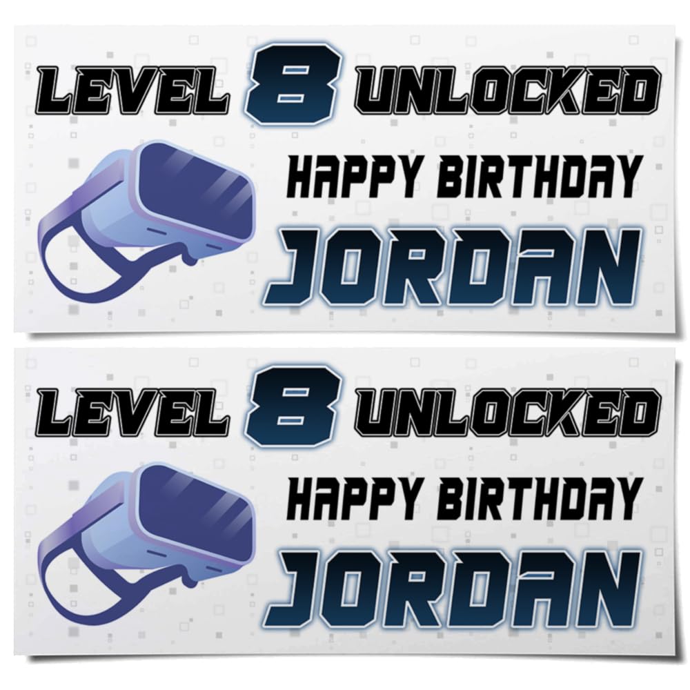 Personalised Gaming Birthday Banners – VR Style “Level Unlocked” with Name & Age – Boys & Girls Party Decoration – Gamer Birthday Supplies (Pack of 4)