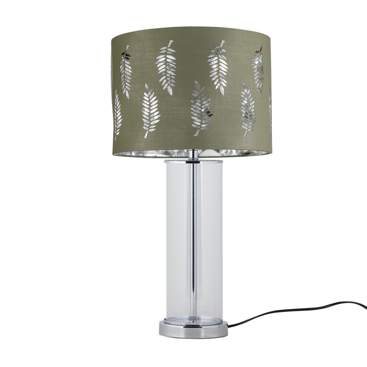 Firstchoicelighting Chrome & Sage Green Modern Chrome & Glass Table Lamp Bedside Light Sage Green Fern Shade, Led Compatible, Height 54Cm, Inline Switch