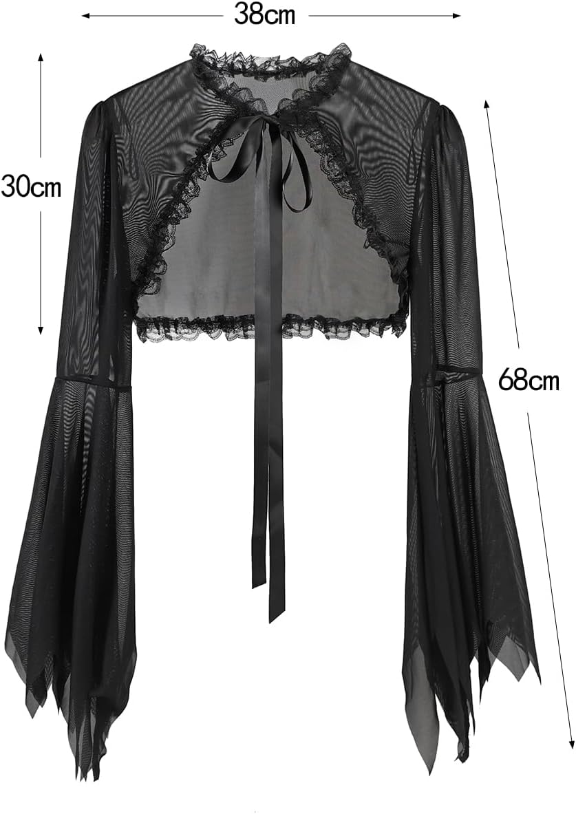 Women Goth Shrug Crop Top Lace Sheer Mesh Black Gothic Punk Fishnet Cover Up Long Sleeve Shawl Shrug Cardigan Witch Cosplay - Image 7