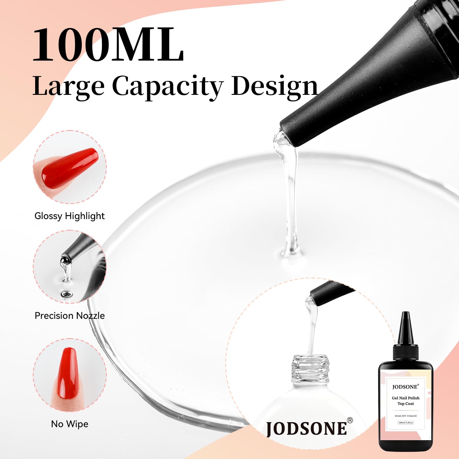 JODSONE 100ml No Wipe Gel Top Coat Refill,High Gloss Clear U V Gel Nail Polish Top Coat,Long Lasting Mirror Shine,Large Capacity for Salon & Home Use