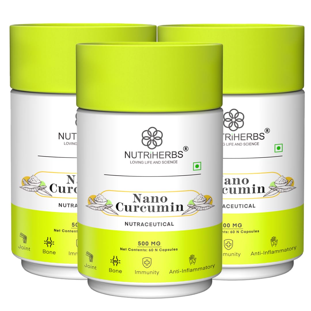 NUTRiHERBS Nano Curcumin 500mg Capsules | Immunity Booster for Men & Women | Joint Pain Relief & Digestion Support | Turmeric Curcumin with Piperine for Better Absorption | 60 Capsules Pack of 3