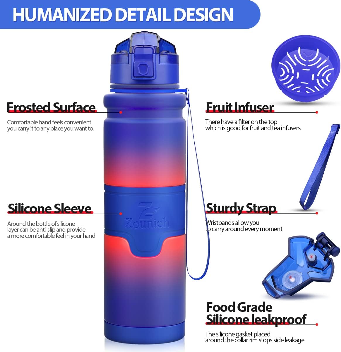 Zounich Best Sports Water Bottle Leak Proof 1L/700ml/500ml/400ml BPA Free Tritan Drink Bottles, Darkbluered, 32oz/1000ml - Image 3