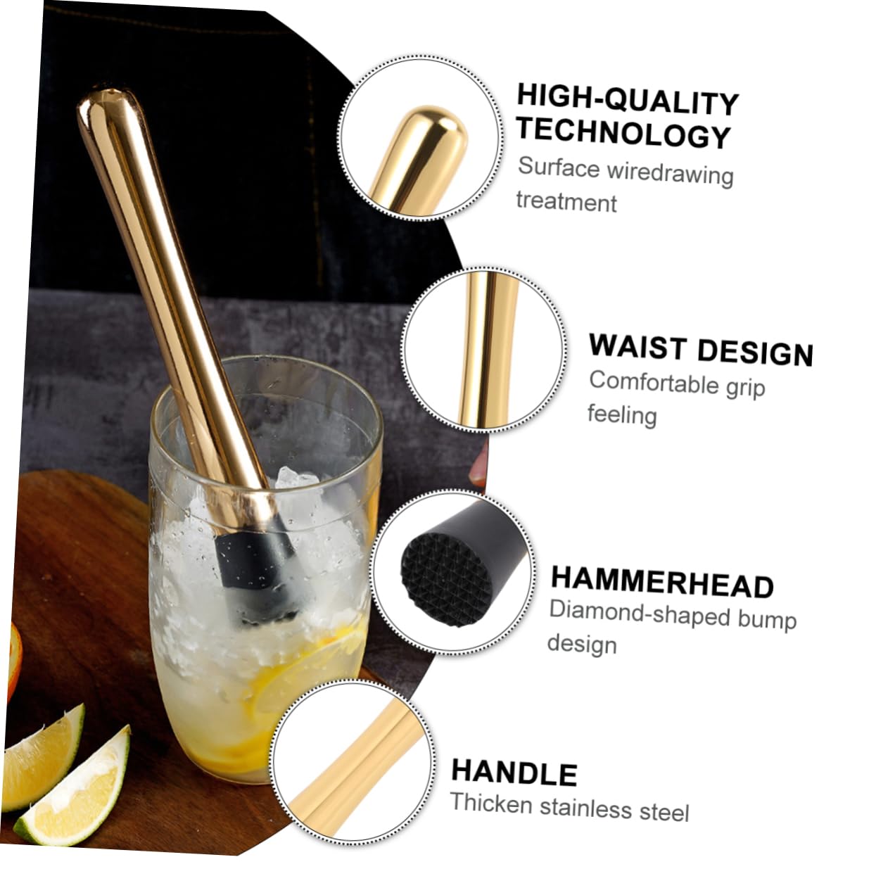 KICHOUSE 2pcs Cocktail Muddler Ice Crushed Bars Tool Stainless Steel Ergonomic Handle Drink Stirrer Swizzle Stick