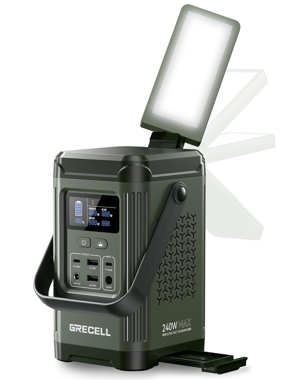GRECELL 240W Portable Power Station LiFePO4 Battery Power Bank 153.6WH Solar Generator Dual Way 100W PD Camping Battery Power Supply with Integrated Stand for Outdoors Travel, Home Use