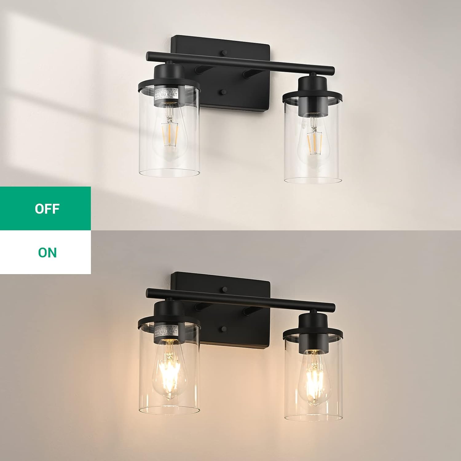 Modern Black 2-Light Bathroom Vanity Fixture with Clear Glass Shades