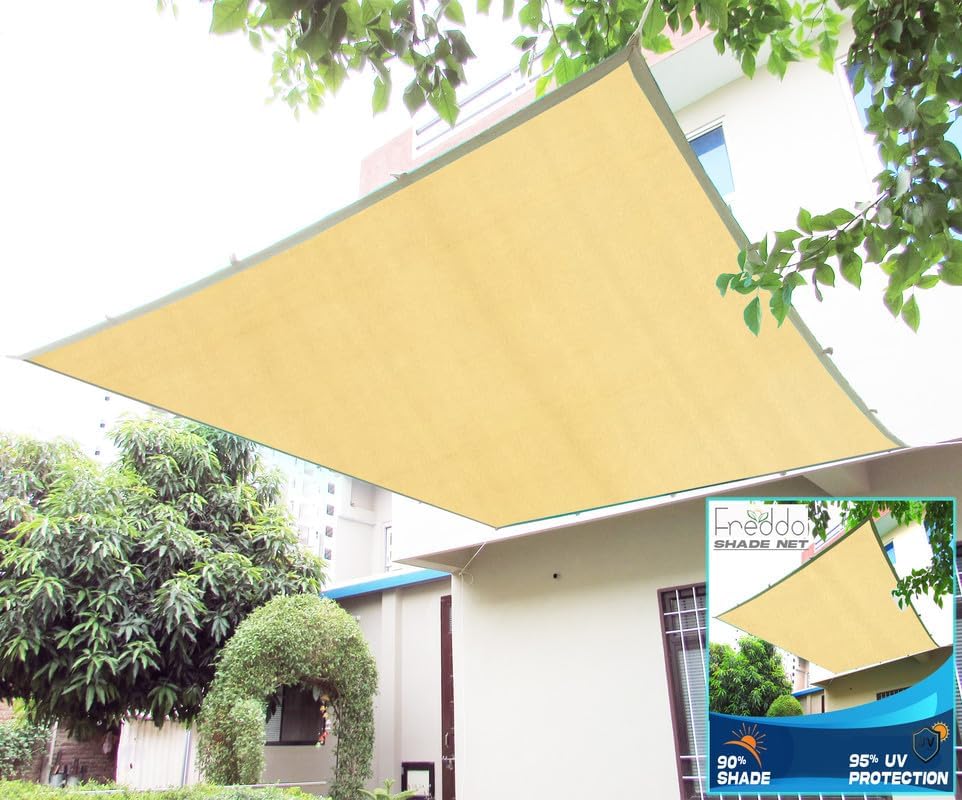 FREDDO HDPE Fabric Cotton Webbing Sun Shade Sails 90% Protection from Sun & UV Rays Ideal for Car Parking, Outdoor Garden, Balcony, Patio, Beige Color, 10 ft x 3 ft, Pack of 1 Piece