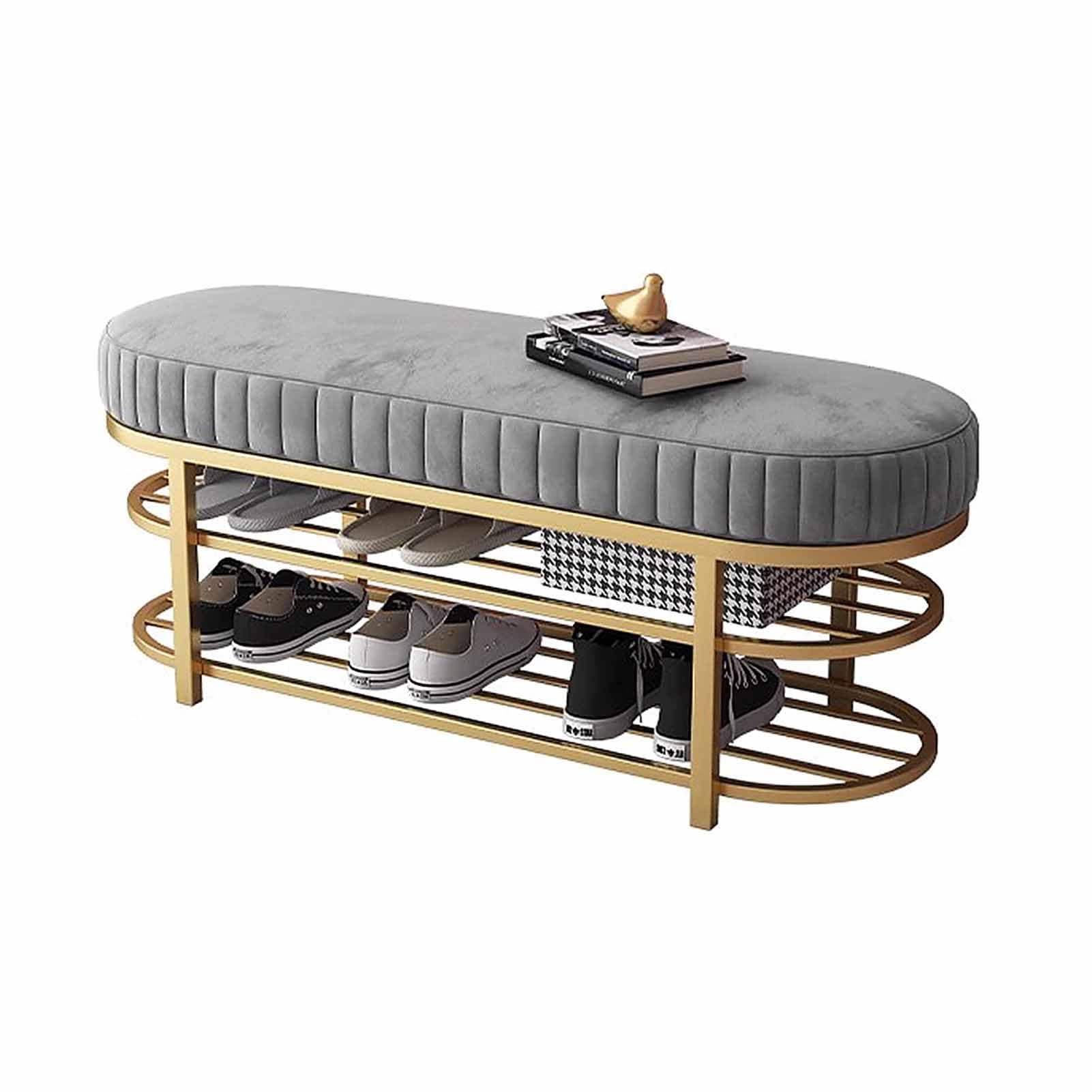 SXZenSpace Shoe Rack Bench with Velvet Cushion, 3 Tiers Metal Rack, Entryway for Hallway, Mudroom