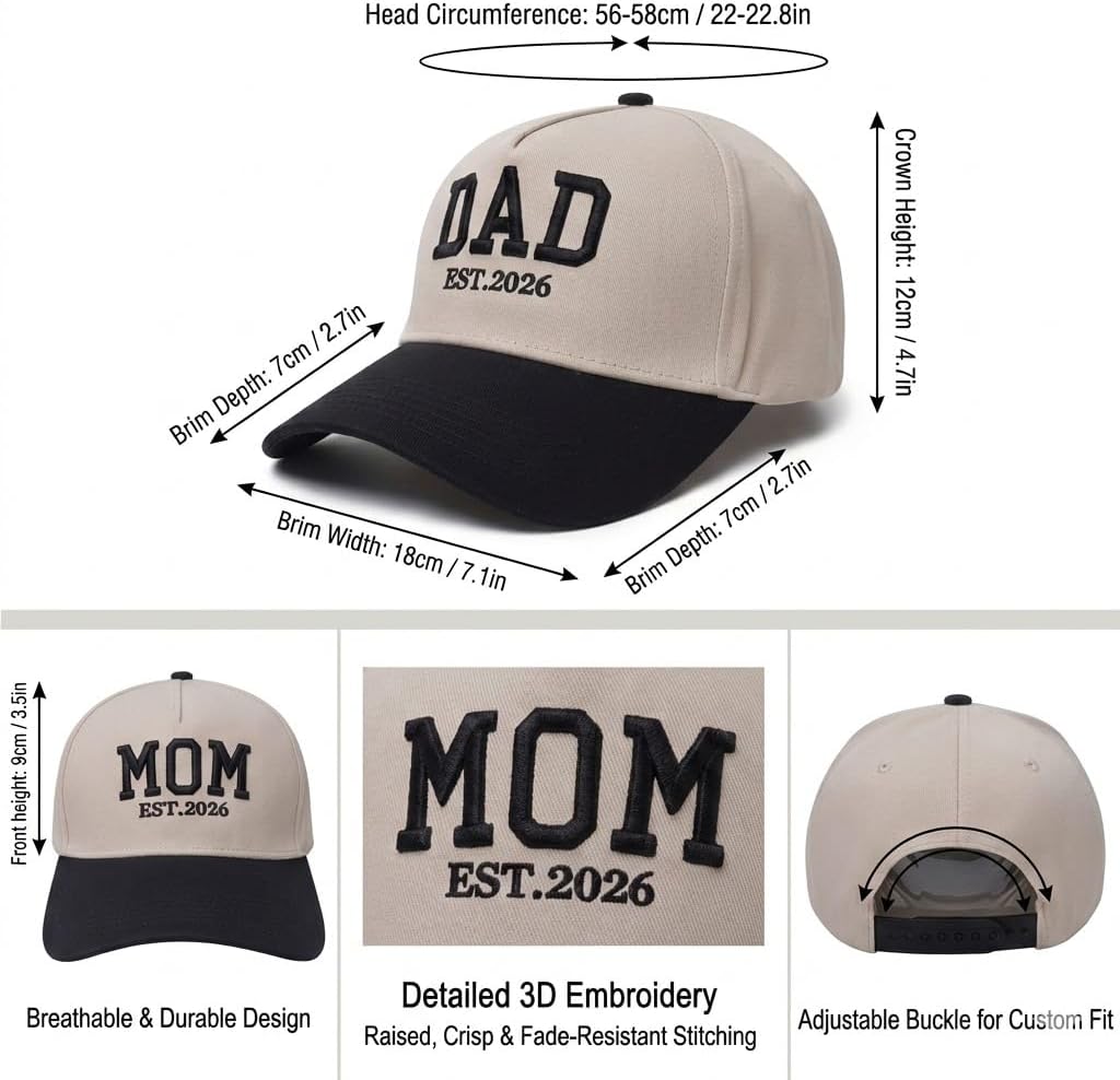 Mom and Dad Hats Est 2026-2PCS Adjustable Embroidered Baseball Caps for New Parents Gifts Pregnancy Announcement