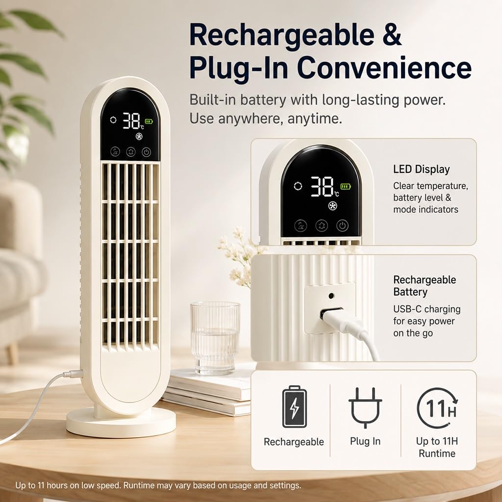 Ventilatore Senza Pale Con Display LED, Oscillazione A 60° E 3 Velocità | Ricaricabile,Ventilatore A Torre Per Scrivania, Camera Da Letto E Ufficio, Soluzione Di Raffreddamento Compatta