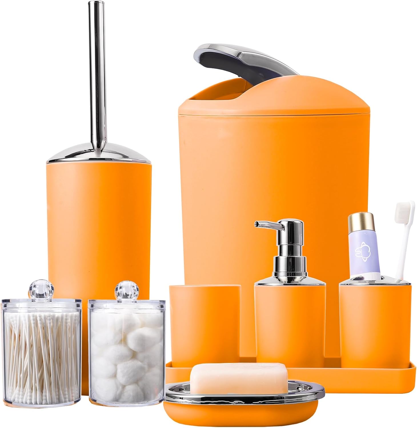 9 Pcs Orange Bathroom Accessories Set Trash Can, Soap