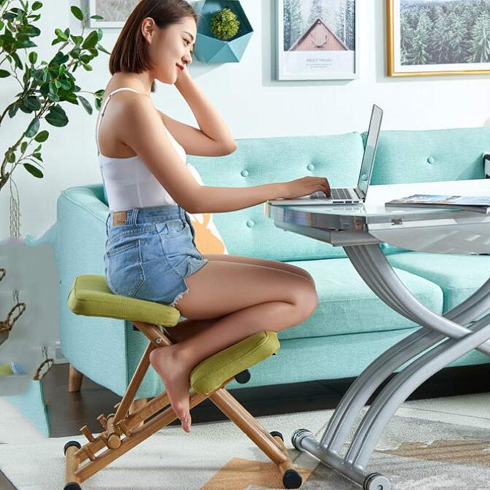 Kneeling Chair Folding, Posture Correcting Stool Adjustable Posture Correcting Stool Thick Comfortable Cushions Kneeling Desk Chairs Thick Padded Seat,Green