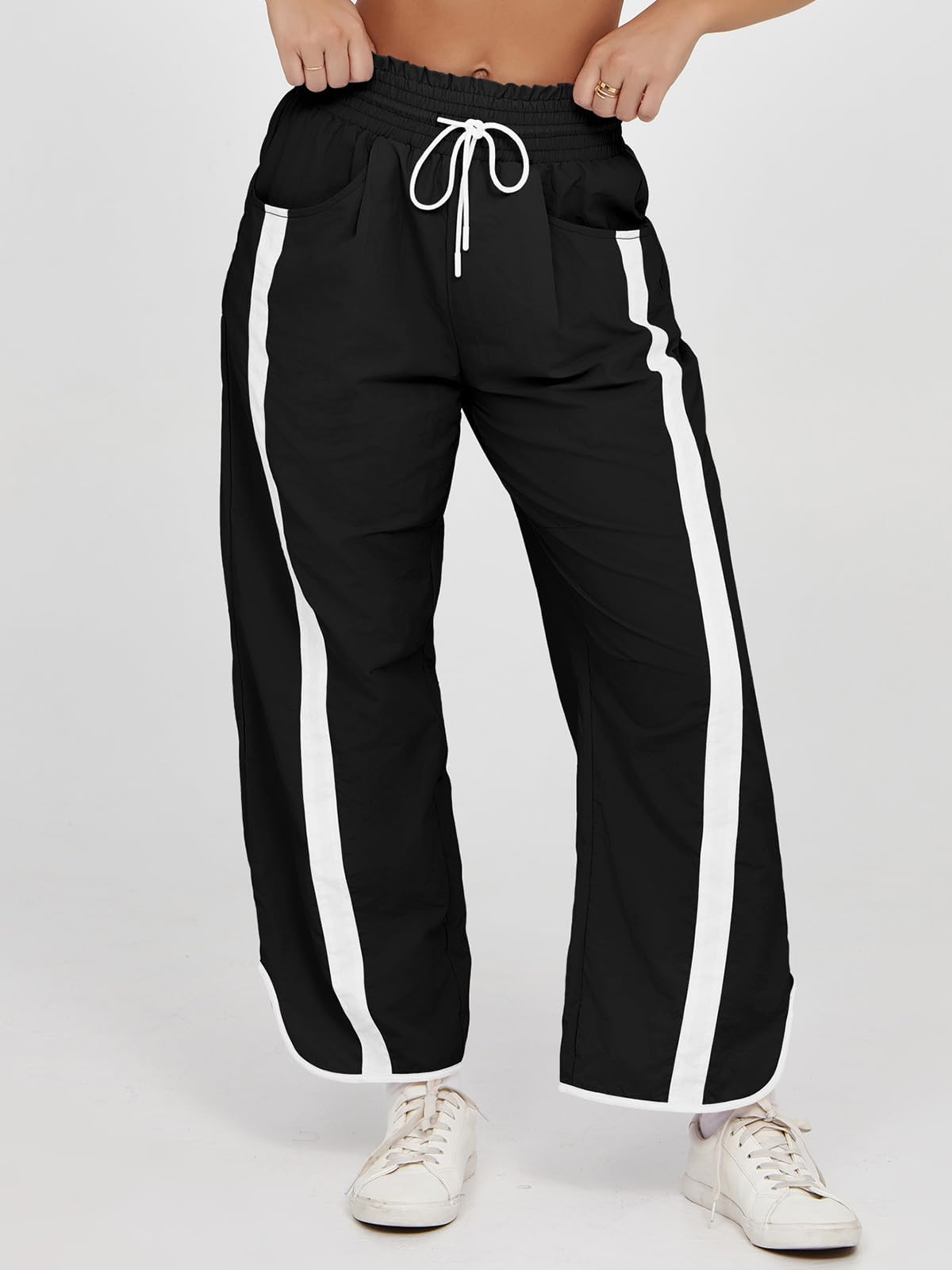 Fisoew Pantaloni da donna con gamba larga e vita elastica Baggy Y2K con coulisse, colori a contrasto, per il tempo libero, con tasche