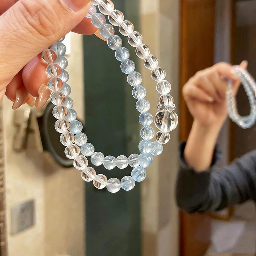Klares Quarz-Aquamarin-Armband – Naturkristall-Heilstein-Perlenarmband für Damen und Herren, runder Edelstein-Stretch-Schmuck für Positive Energie, Klarheit, Balance, Valentinstag