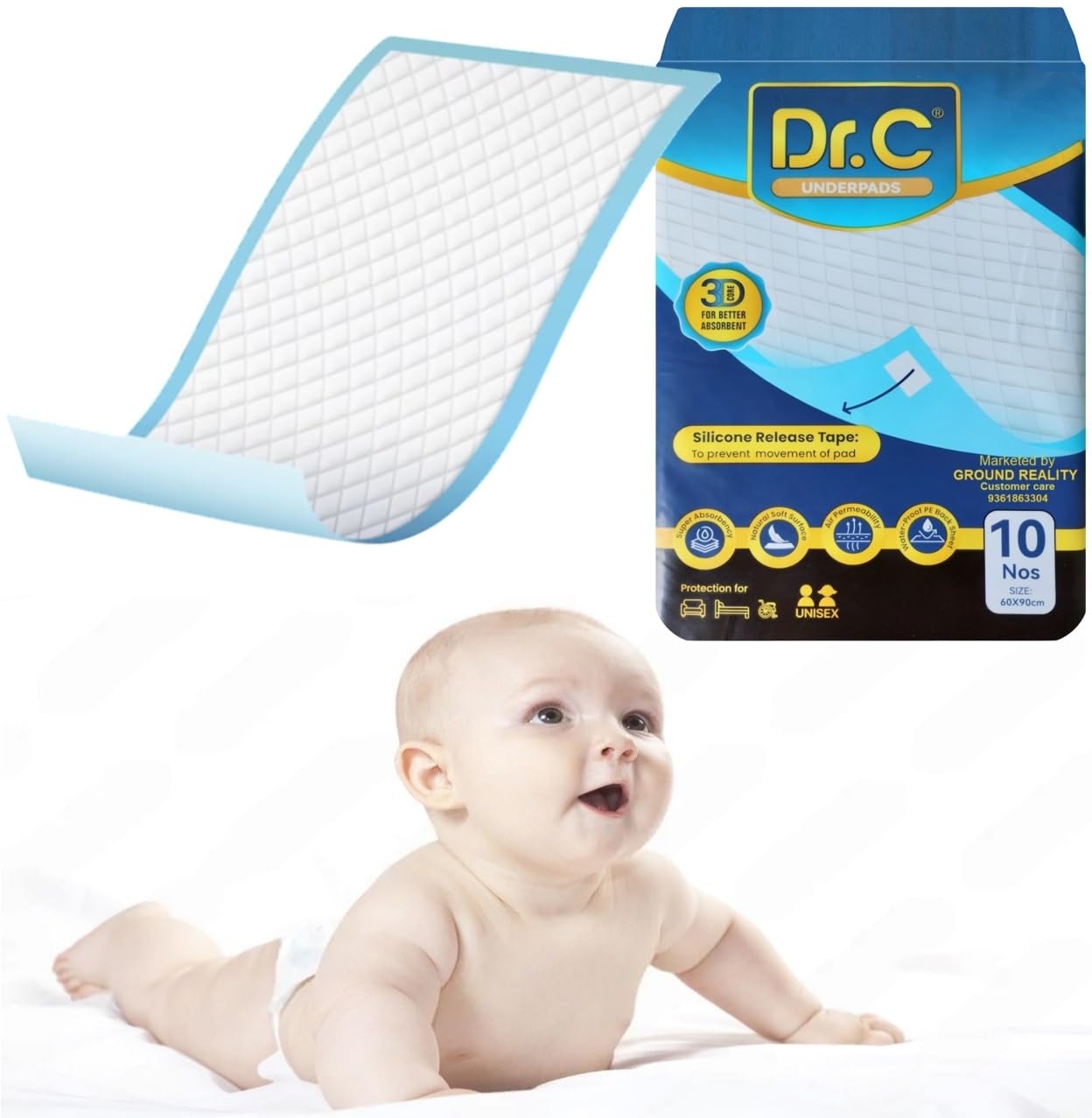 TUNSECHY Dr C Large Size 90X60 Disposable Baby Underpad Bed Pad Changing Mat Pad Liners for Newborn Baby Kids Hypoallergenic Soft Superior Absorbency UnderPads with 4 Non Slip Tape (10 Sheets)-image-16