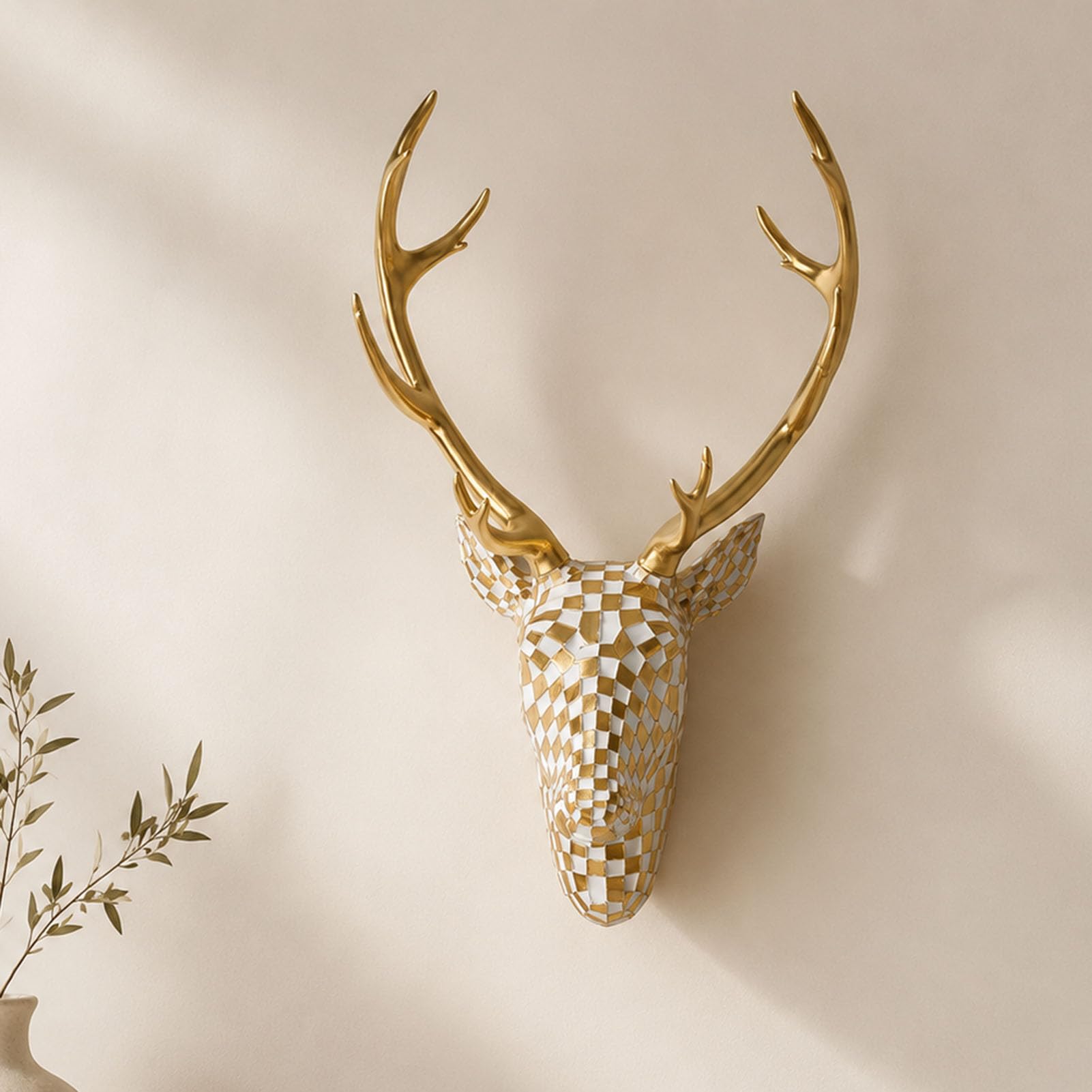 Zbyrithx Resin Deer Head Wall Mount Ornament 3D Animal Head Wall Sculpture Hanging Deer Head Wall Art Decor for Living Room Bedroom Office White Gold 22 x 15 x 40 cm,platinum