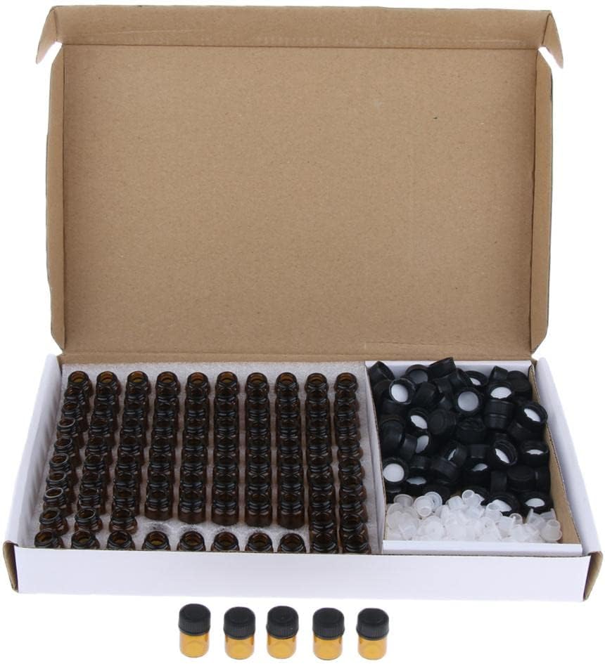 Pack of 100 Amber Glass Vials 1-l with Orifice Reducer for Essential Oils - Travel-Friendly Perfume Bottles -ion - and Convenient - 1ml