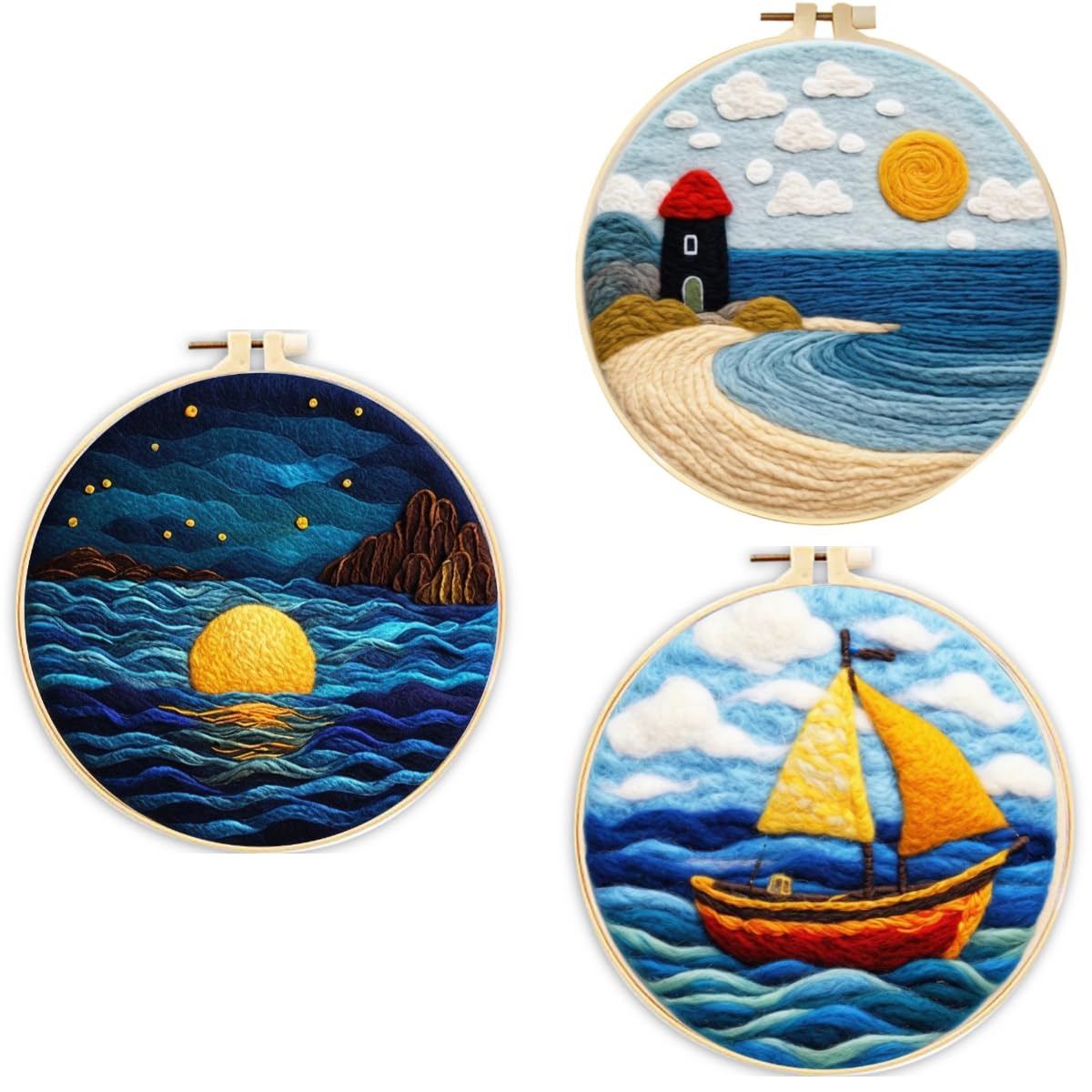 3 Sets Wool Felt Sets Seascape Scenery Needle Felting Kits DIY Handmade Wool Felt Painting Kits Home Decor Needle Felt Starter Sets Gifts with Instructions and Foam Pad for Beginners (Yellow)