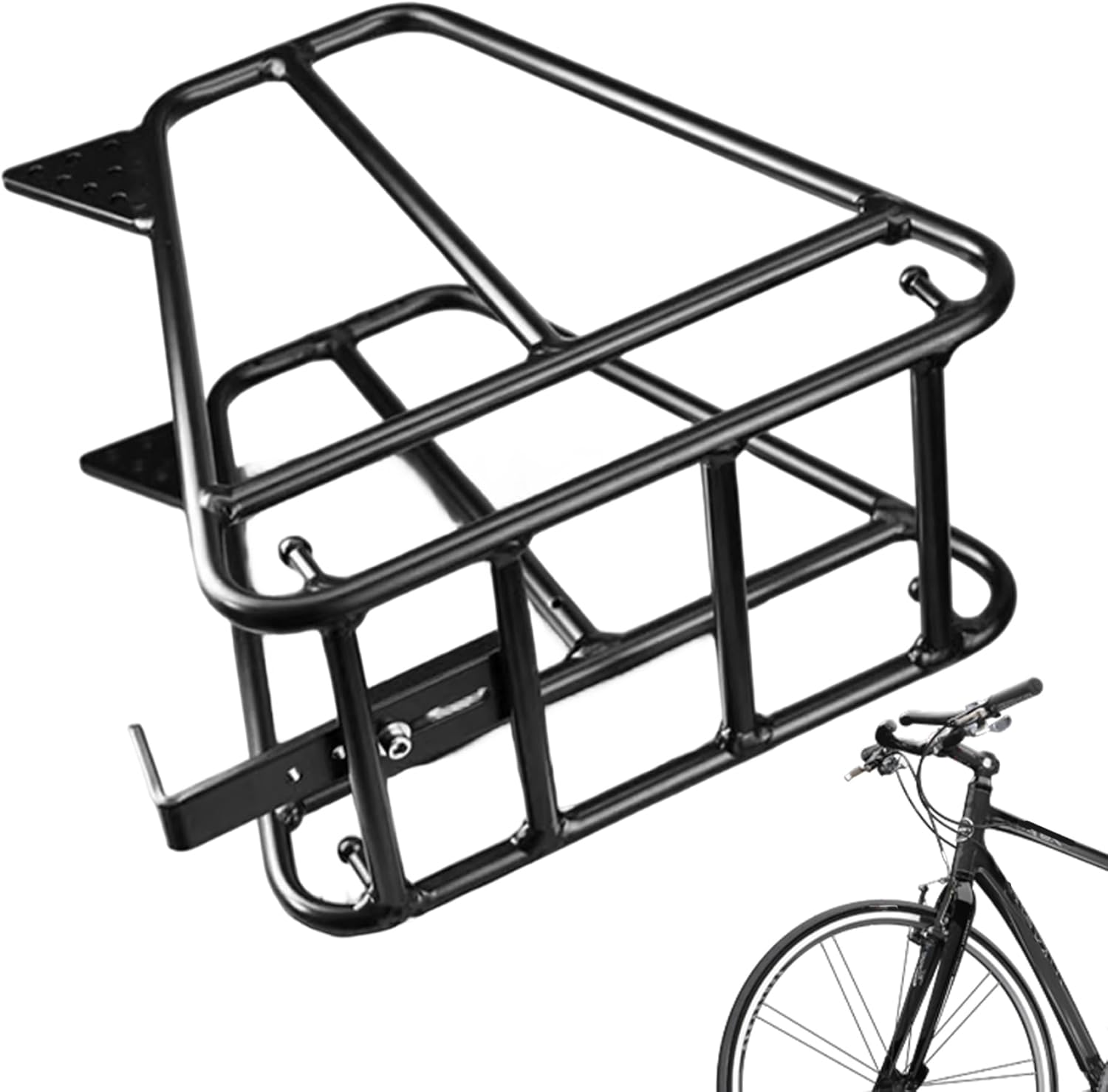 Front Bike Rack, Heavy Duty Aluminium Alloy Multipurpose Trapezoidal Design Bike Cargo Rack with Adjustable Connecting Rod for Cargo Luggage