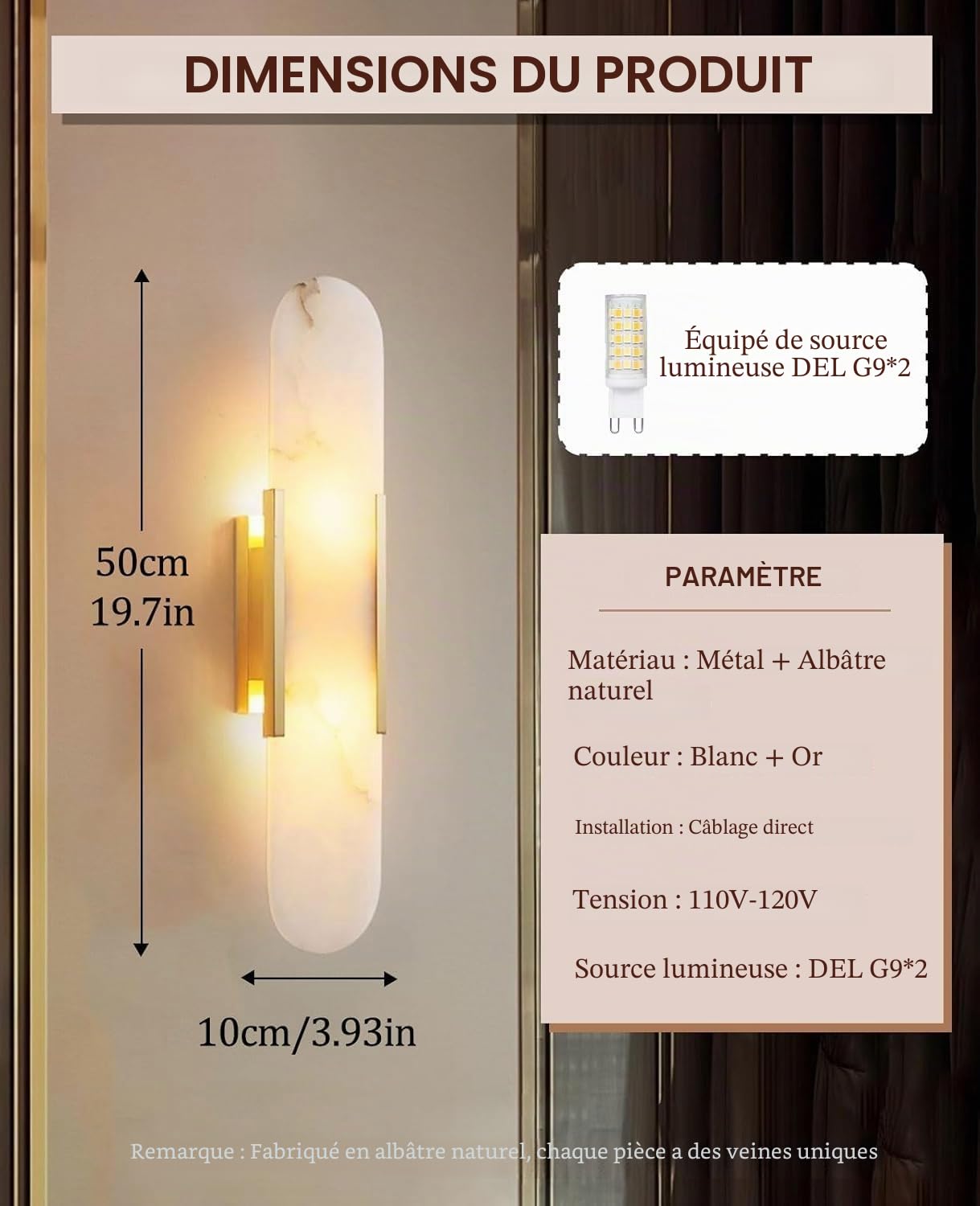 Appliques murales en albâtre Naturel luminaires de Salle de Bain de vanité Applique en albâtre Lampe Murale en Pierre Blanche pour Chambre à Coucher Salon Couloir escaliers Cuisine