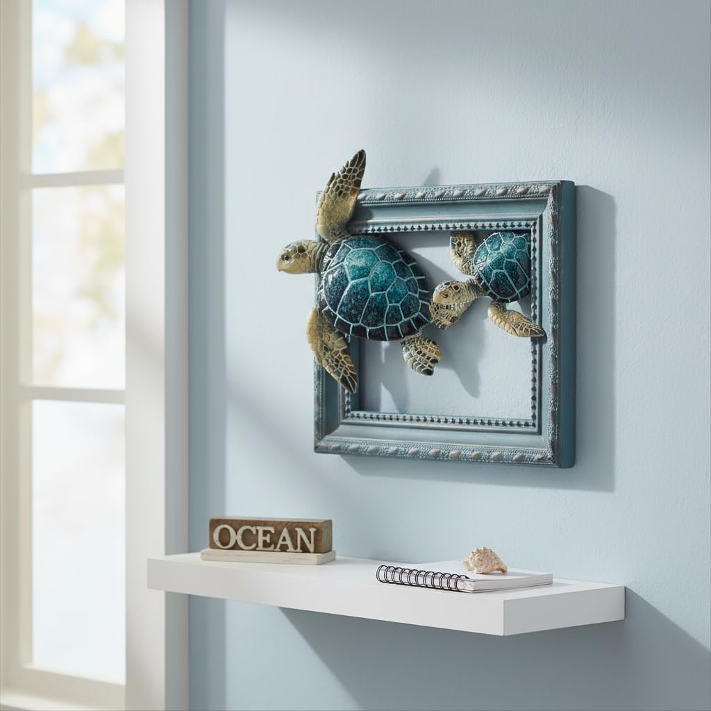 Comfy Hour 8" 3D Sea Turtle Wall Decorative Frame, Artisan Crafted Coastal Beach Theme Sculpture, Nautical Resin Wall Art Plaque for Bathroom & Living Room, Ocean Voyage Collection, 1 Unit