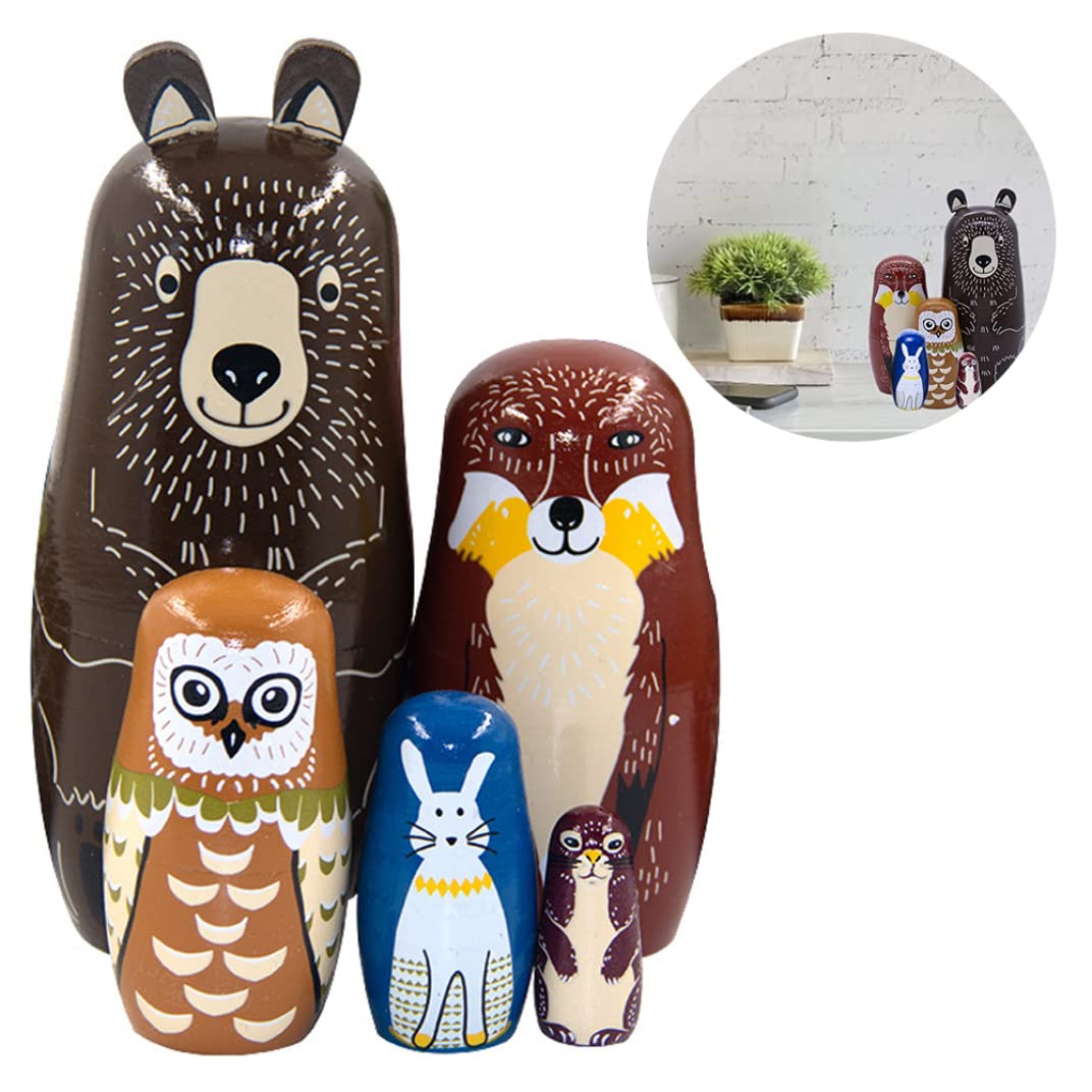 Matryoshka Rusa De Madera Con Dibujos Animados De Animales, 5 Muñecas Anidadas Con Tigre, Cerdo, Mono Y Búho, Decoración Y Almacenaje