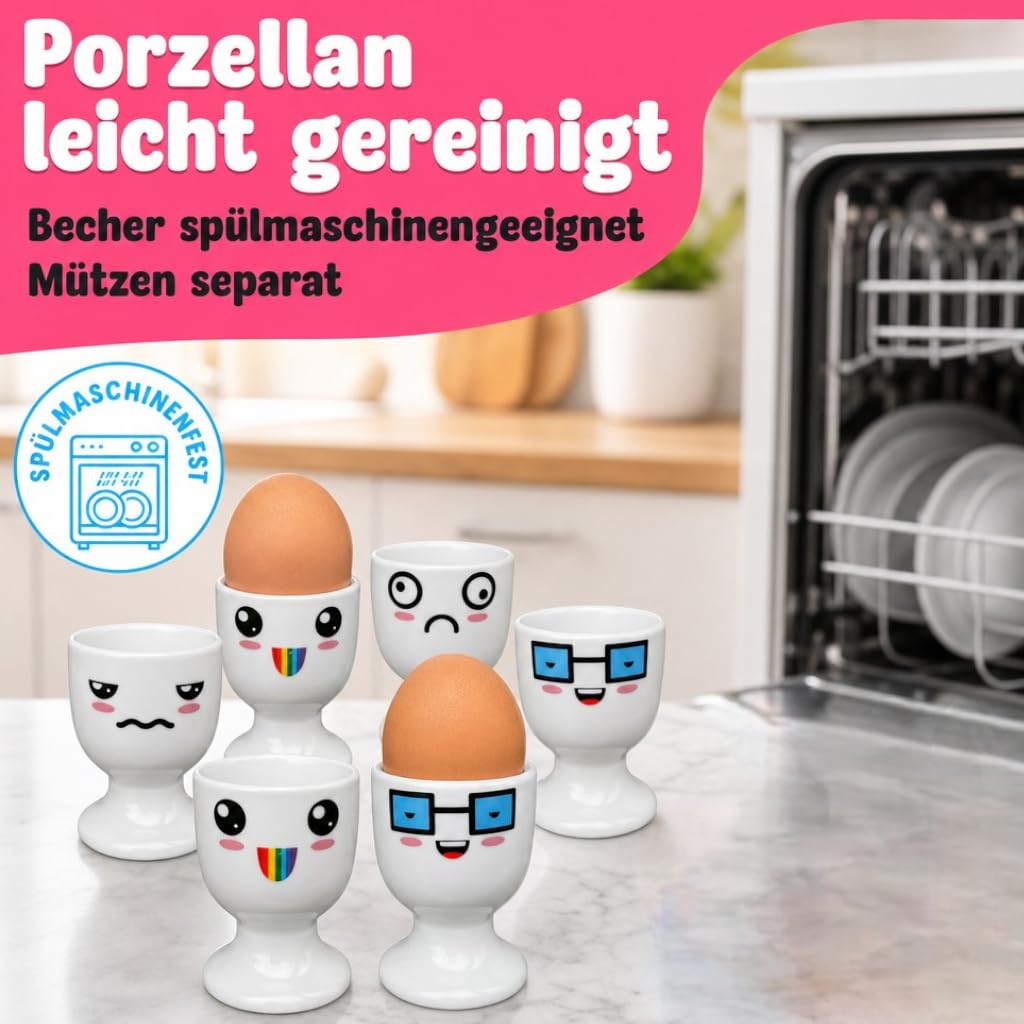 MIJOMA Set di 6 portauova, portauova, bianco con facce, decorazione #3, in porcellana, 6,5 x 5 cm