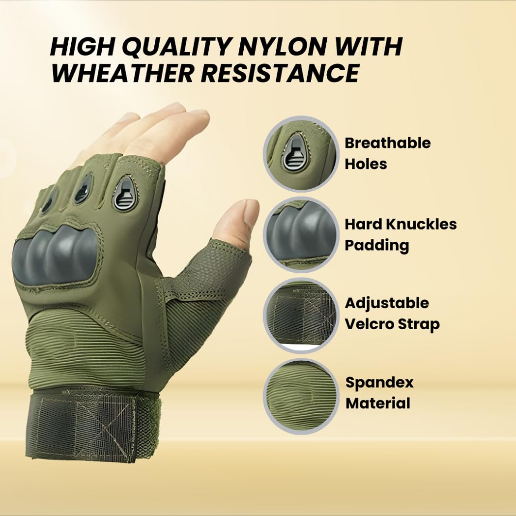 Shopfleet Half Finger Gloves Men's Army Military Combat Hunting Shooting Airsoft Military Duty-Fingerless Black Color, Nylon, Cotton, Microfiber (Green) 1